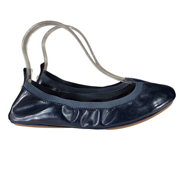 Yosi Samra Foldable Ballet Flats sz 7 Women Navy Blue Leather Elastic Comfort - Picture 2 of 12